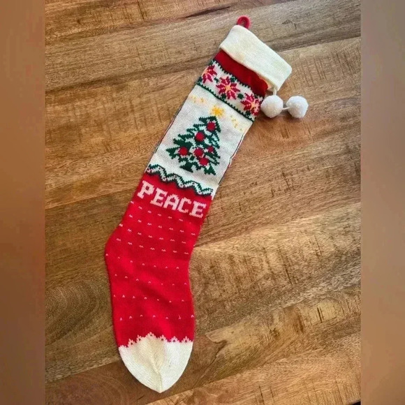 Vintage Knit Peace Tree Christmas Stocking 23 Inch - Picture 2 of 4
